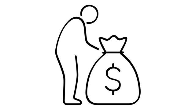 Minimalist line art vector icon illustration of an elderly person standing next to a large money bag with a dollar sign, representing pension funds, retirement savings, and financial security.