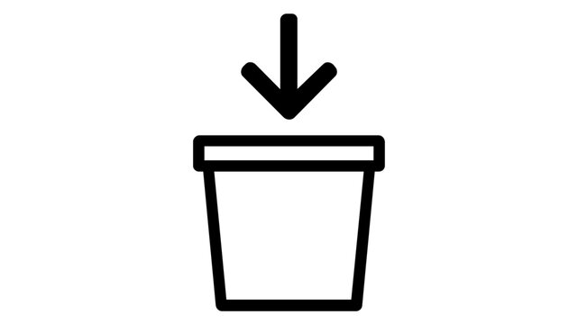 Minimalist vector icon illustration of a downward arrow pointing into a container or bin, representing platform engineering, data storage, input, or download, clean black line art on white.