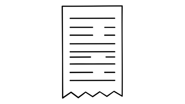 Minimalist vector icon of a paper receipt or invoice. Clean black line art illustration of a bill, shopping list, or document. Simple flat design for business and commerce applications..