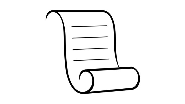 Minimalist black and white vector illustration of a long paper receipt or document scroll with clean line art, featuring horizontal text lines, ideal for business and finance icons.