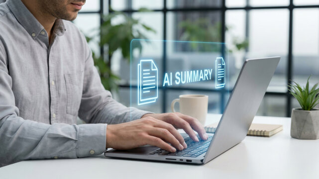 Ai summary digital report modern office glass window background minimal. Summary AI, intelligence report management, document information innovation system analysis, automation, data, summarize