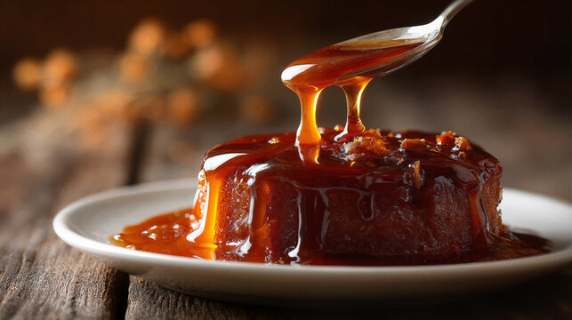 Rich caramel sauce being drizzled over a decadent sticky toffee pudding