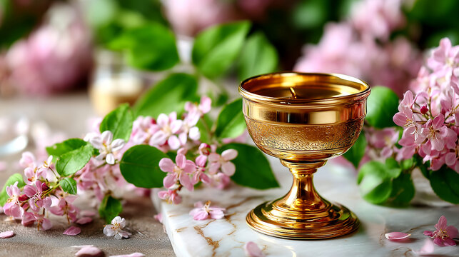 Sacred Chalice Surrounded by Delicate Pink Blossoms: A Symbol of Renewal and Divine Grace