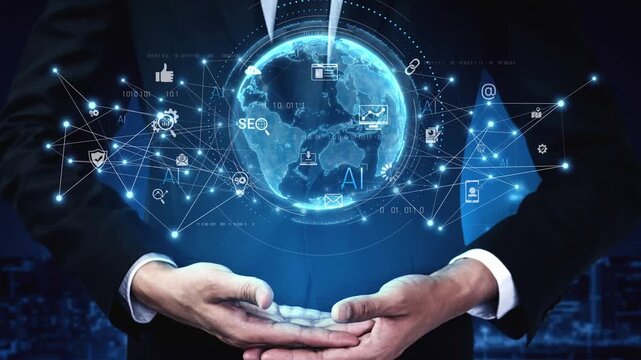 Global AI-powered digital network ecosystem connecting data, finance, analytics, ecommerce, communication, and automation across continents through technology and cloud Marrow