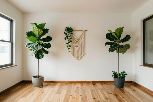 Plant corner with fiddle leaf fig, wide angle view