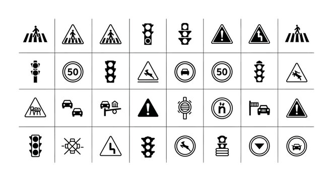 Collection of Traffic and Road Signs Icons, Vector Symbols for Safety and Regulation