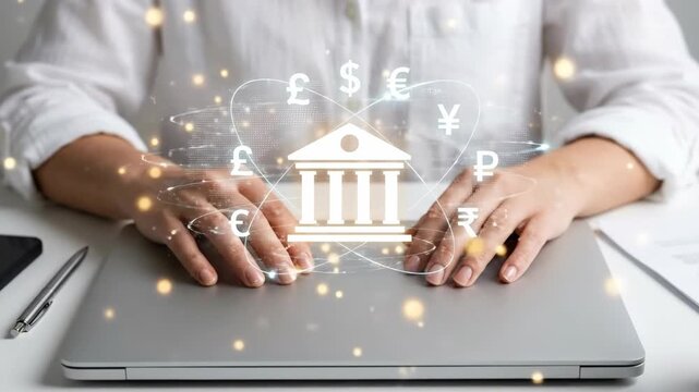 Banking finance currency laptop payment technology online business fintech exchange rate digital banking money Inflation crisis global economic recession, risk bankruptcy, struggle, poverty
