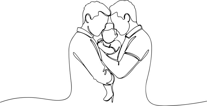 Continuous line drawing of parents holding child, symbol of unconditional love, line art vector illustration