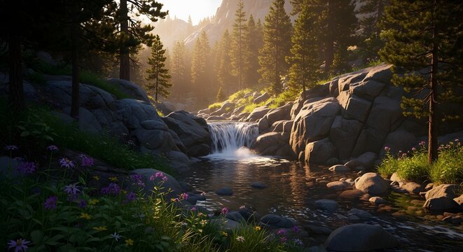 Scenic mountain stream waterfall in a lush pine forest at sunset. Tranquil nature and relaxation concept. Small river flowing through rocks and purple wildflowers in the golden hour.