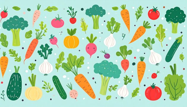 Whimsical illustration of various fresh vegetables scattered across a light blue backdrop