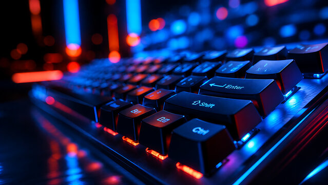 Closeup of a modern mechanical gaming keyboard with vibrant blue and red rgb lighting in a dark room