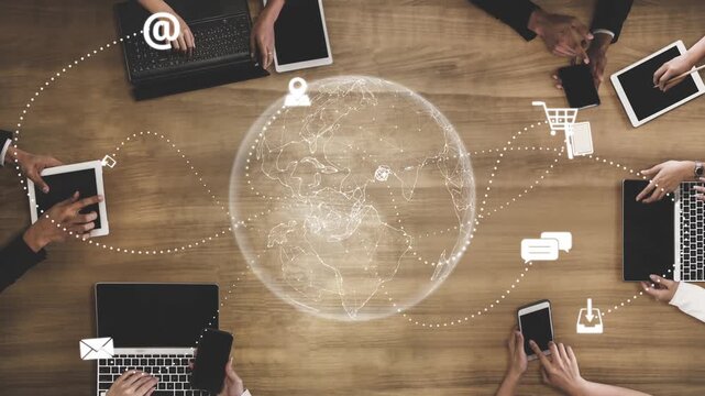 Visualization of global digital communication and online across multiple platforms, including global network, digital network, communication network, and online network. Marrow