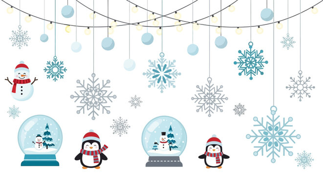 Snow globe penguins in winter scene.