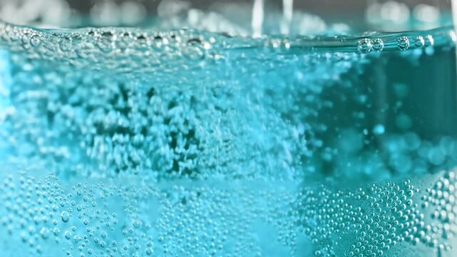 A close-up shot of clear blue liquid filling a container, creating a dense layer of oxygen bubbles and foam. This refreshing visual is ideal for mineral water advertisements, skincare branding, or cle