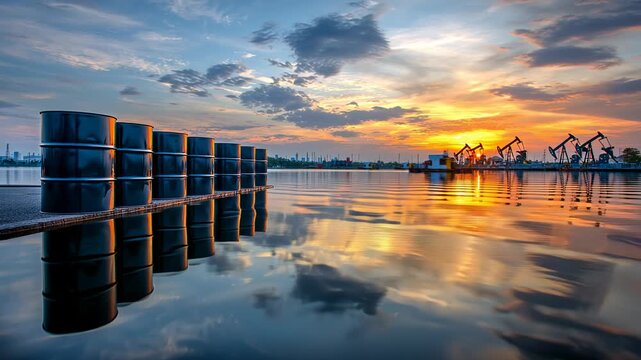 Oil barrels on a dock during sunset reflecting on calm water, with a refinery and drilling pump jacks in the background, representing fossil fuel industry and crude energy production