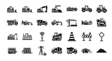 Construction Equipment Icons Set: Vehicles, Tools & Safety Symbols © difka