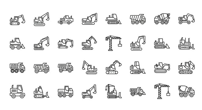 Construction Vehicles Set: Excavator, Crane, Bulldozer, Truck Icons