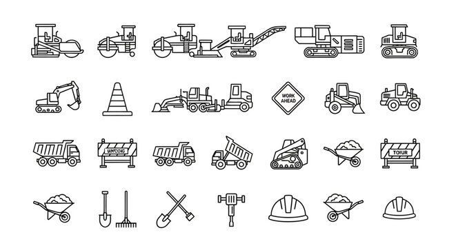 Construction Equipment Icons Set: Heavy Machines, Vehicles, Tools, Safety Gear