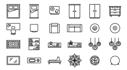 Collection of simple line art icons representing furniture and home decor items. © Sandri