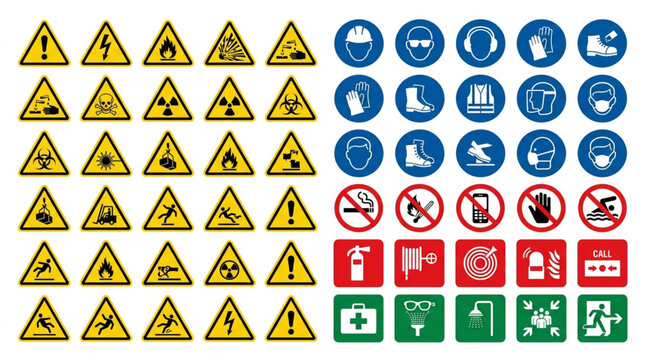 Collection of safety warning and prohibition signs.