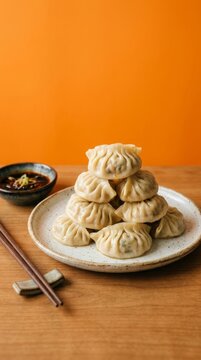 Hot Steamed Dumplings with Sauce and Chopsticks