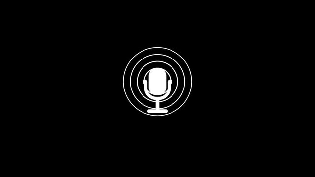 Abstract a rocking microphone Voice recording with radio wave animation.White colour podcast mic microphone button icon animation on black background.