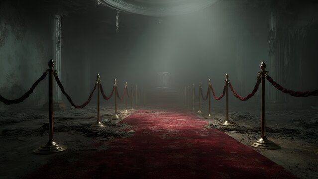 A desolate, fog-shrouded grand hall features a worn red carpet and ornate stanchions leading to a
