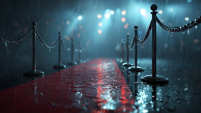 Rain slicked red carpet event with stanchions and blurred lights, creating a dramatic and glamorous