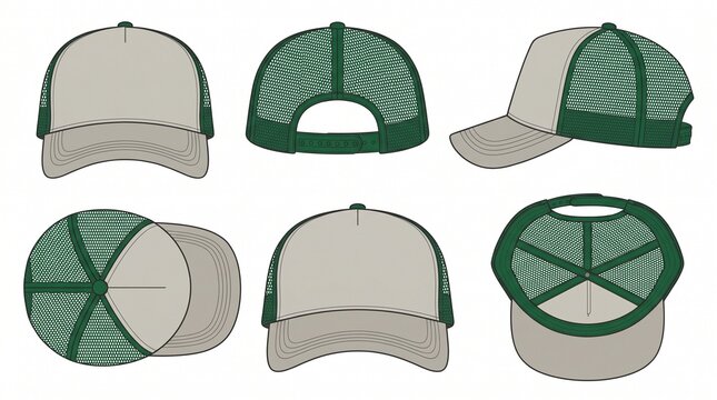 Set of blank trucker caps in various views, including front, back, side, and top, for design mockups.