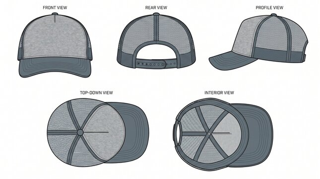 Baseball cap mockup template with various views including front, rear, profile, top-down, and interior perspectives for design presentation.