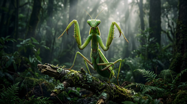 A large green praying mantis stands in a defensive pose on a mossy tree branch within a misty tropical rainforest jungle.