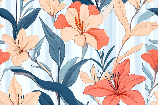 flaming katy flowers in coral pink tones on colorful striped background textured botanical illustration modern floral pattern for wallpaper textile print and decor