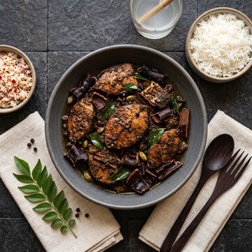 Professional Close-Up Photograph of Authentic Sri Lankan Fish Ambul Thiyal - Sour and Spicy Dry Fish Curry with Goraka and Black Pepper - Dark Matte Stone Background - 8K Stock Photo