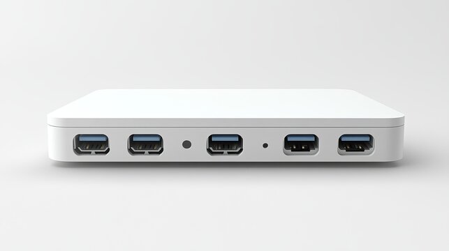 A sleek white multi port usb hub device featuring five distinct connection slots for digital equipment