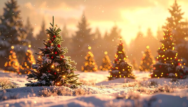 Winter scene bathed in golden light. Evergreen trees sparkle with decorative lights, dusted with snow, creating a festive, warm, and inviting ambiance