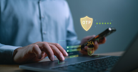 Naklejka premium Business user accessing secure login system with OTP verification and two factor authentication on laptop and smartphone for online cybersecurity protection.