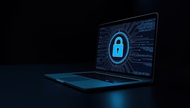 Laptop displaying a digital padlock icon and data streams representing cybersecurity and data protection on a dark background online safety binary code data stream digital security cybersecurity