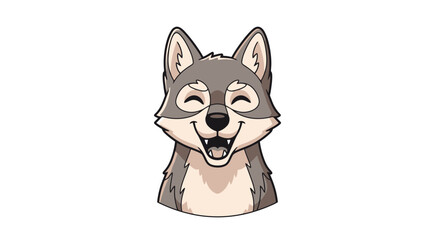 Fototapeta premium Cute cartoon illustration of a happy grey wolf's head with an open mouth, smiling widely.