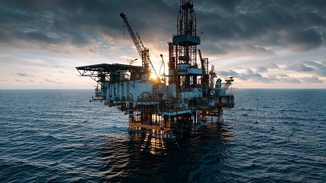 Offshore oil rig drilling platform operating at sea. Producing energy and natural resources. Reflecting global industry. Marine engineering. And sustainable power development during a dramatic sunset