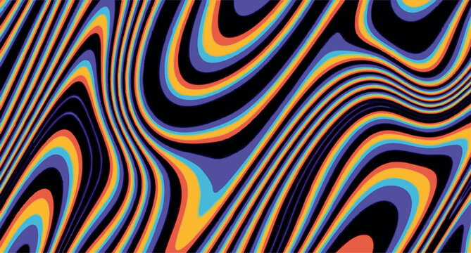 Seamless abstract psychedelic pattern with colorful wavy distorted lines in retro 70s style