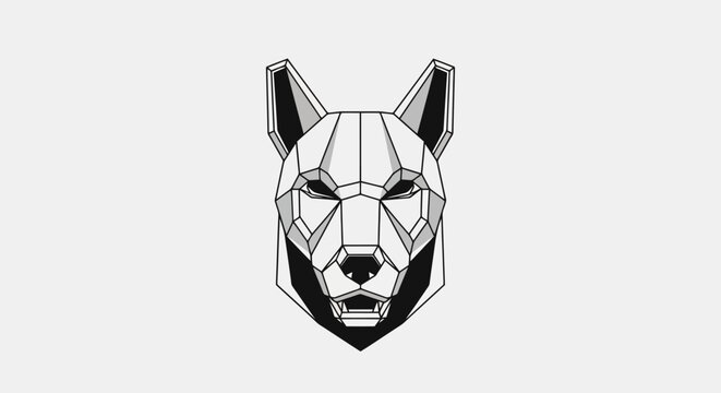 Geometric black and white wolf head illustration with sharp angular facets and a minimalist design.