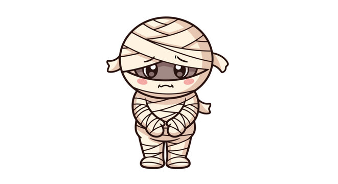 Cute cartoon mummy character with a sad and shy expression, wrapped in bandages, standing on a plain white background.