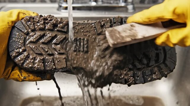 A detailed shot of thick brown mud being washed away from the tread of a black rubber work boot under a stream of water. Ideal for outdoor footwear marketing, cleaning service promotions, and industri