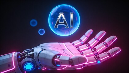 Fototapeta premium Futuristic robotic hand holding ai sphere with neon glow in dark space