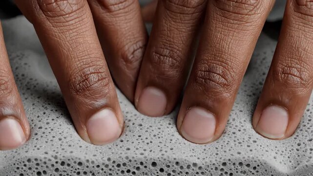 A detailed macro shot shows fingertips pressing against a finely textured, stone-like surface. Perfect for tactile sensory concepts, material testing, dermatology, and touch-focused video sequences.