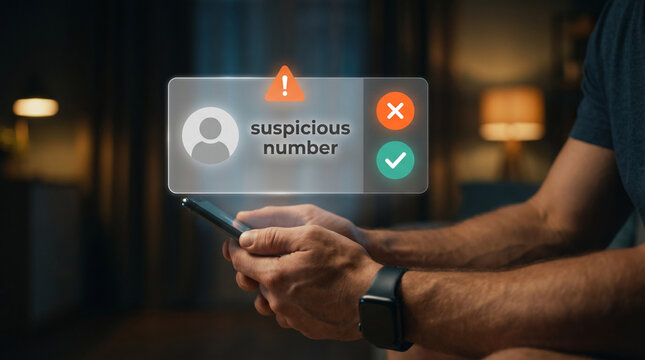 Person holding smartphone with holographic suspicious number alert, mobile security, scam detection, spam call warning, caller ID protection, cyber fraud, phishing attack, digital privacy risk concept