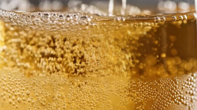 A high-quality macro video of a golden carbonated beverage, such as beer or apple cider, being poured. The footage shows rising bubbles and carbonation, ideal for brewery marketing, pub advertisements
