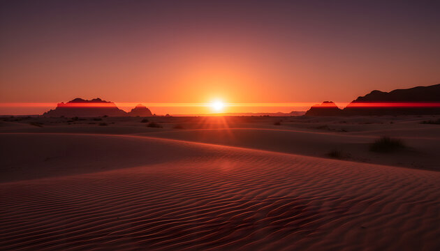 Dramatic Desert Landscape at Golden Sunset with Rippled Sand Dunes and Distant Rock Formations