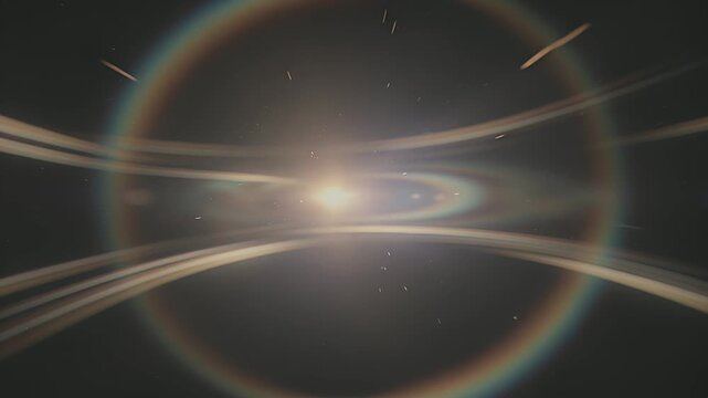 sun halo lens flare over bright sky with circular rainbow