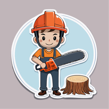 Cartoon Lumberjack with Chainsaw and Tree Stump